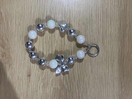 Silver and white beaded keychain